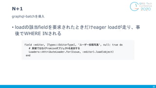 • loadの該当fieldを要求されたときだけeager loadが走り、事
後でWHERE INされる
graphql-batchを導入
N+1
38
 