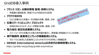 16© 2018 Toshiba Digital Solutions Corporation
• フランス リヨン 太陽光発電 監視・診断システム
– 発電量の遠隔監視、発電パネルの性能劣化を診断
• クラウドBEMS
– ビルに設置された各種メータの情報の収集、蓄積、分析
• 石巻スマートコミュニティ プロジェクト
– 地域全体のエネルギーのメータ情報の収集、蓄積、分析
• 電力会社 低圧託送業務システム
– スマートメータから収集される電力使用量を集計し、需要量と発電量のバランスを調整
• 神戸製鋼所 産業用コンプレッサ稼働監視システム
– グローバルに販売した産業用コンプレッサをクラウドを利用して稼働監視
• DENSO International Americaの次世代の車両管理システム
https://griddb.net/ja/blog/griddb-automotive/
GridDB導入事例
 
