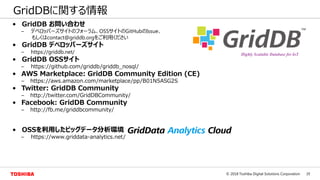 35© 2018 Toshiba Digital Solutions Corporation
GridDBに関する情報
• GridDB お問い合わせ
– デベロッパーズサイトのフォーラム、OSSサイトのGitHubのIssue、
もしくはcontact@griddb.orgをご利用ください
• GridDB デベロッパーズサイト
– https://griddb.net/
• GridDB OSSサイト
– https://github.com/griddb/griddb_nosql/
• AWS Marketplace: GridDB Community Edition (CE)
– https://aws.amazon.com/marketplace/pp/B01N5ASG2S
• Twitter: GridDB Community
– http://twitter.com/GridDBCommunity/
• Facebook: GridDB Community
– http://fb.me/griddbcommunity/
• OSSを利用したビッグデータ分析環境
– https://www.griddata-analytics.net/
 