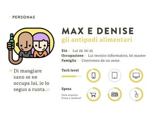 / PERSONAS
Di mangiare
sano se ne
occupa lui, io lo
seguo a ruota.
MAX E DENISE
gli antipodi alimentari
Età Lui 28, lei 25
Occupazione Lui tecnico informatico, lei master
Famiglia Convivono da un anno
Tech level
Spesa
Dove acquista
frutta e verdura?
“
“
 