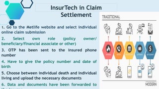 14
InsurTech in Claim
Settlement
1. Go to the Metlife website and select individual
online claim submission
2. Select own role (policy owner/
beneficiary/financial associate or other)
3. OTP has been sent to the insured phone
number
4. Have to give the policy number and date of
birth
5. Choose between individual death and individual
living and upload the necessary documents
6. Data and documents have been forwarded to
 