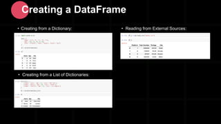 • Creating from a Dictionary:
Creating a DataFrame
• Creating from a List of Dictionaries:
• Reading from External Sources:
 