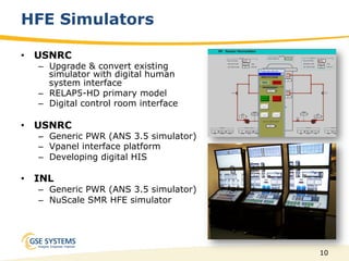 10
HFE Simulators
•  USNRC
–  Upgrade & convert existing
simulator with digital human
system interface
–  RELAP5-HD primary model
–  Digital control room interface
•  USNRC
–  Generic PWR (ANS 3.5 simulator)
–  Vpanel interface platform
–  Developing digital HIS
•  INL
–  Generic PWR (ANS 3.5 simulator)
–  NuScale SMR HFE simulator
 