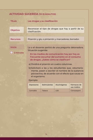 14
ACTIVIDAD SUGERIDA (10-15 MINUTOS)
Título Las drogas y su clasificación
Objetivo
Reconocer el tipo de drogas que hay a partir de su
clasificación.
Recursos Pizarrón y gis, o pintarrón y marcadores, borrador.
Inicio La o el docente partirá de una pregunta detonadora.
Situación sugerida:
En los medios de comunicación hoy por hoy es
frecuente escuchar del aumento en el consumo
de drogas. ¿Sabes cómo se clasifican?
a) Dividirá el pizarrón en cuatro columnas.
b)Solicitará a las y los estudiantes que, voluntaria-
mente, pasen a escribir el nombre de la sustancia
psicoactiva, de acuerdo con el efecto que causa en
el organismo.
Ejemplo:
Depresores Estimulantes Alucinógenos Fármacos de
uso médico
Cannabis Tabaco LSD Clonazepam
2 minutos
 