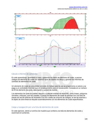 www.darconline.com.mx
DERECHOS RESERVADOS DARCO S.A. DE C.V. 2015
109
Cálculo e informes de cantidades
En este aprendizaje, aprenderá a crear y gestionar los datos de elemento de coste, a asociar
códigos de elemento de coste con distintos tipos de objetos de dibujo y generar los informes de
cantidad de elementos de coste.
Un elemento de coste es una unidad concreta de trabajo para la que se proporciona un precio y se
paga a un contratista mientras que un emplazamiento está en construcción. Consiste en un número
de ID de elemento de coste, descripción y unidad de medida.
Los elementos de coste se pueden asociar a cualquier entidad de AutoCAD, como líneas, polígonos
cerrados y bloques, una vez creados. Cuando los elementos de coste se asocian con una lista de
piezas de red de tuberías de Autodesk Civil 3D o estilo de conjunto de códigos, la red de tuberías o
el objeto de obra lineal se etiqueta automáticamente con los elementos de coste especificados.
Carga y navegación por una lista de elementos de coste
En este ejercicio, abrirá un archivo de muestra que contiene una lista de elementos de coste y
examinará el contenido.
 