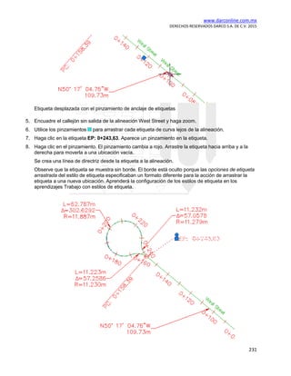www.darconline.com.mx
DERECHOS RESERVADOS DARCO S.A. DE C.V. 2015
231
Etiqueta desplazada con el pinzamiento de anclaje de etiquetas
5. Encuadre el callejón sin salida de la alineación West Street y haga zoom.
6. Utilice los pinzamientos para arrastrar cada etiqueta de curva lejos de la alineación.
7. Haga clic en la etiqueta EP: 0+243,63. Aparece un pinzamiento en la etiqueta.
8. Haga clic en el pinzamiento. El pinzamiento cambia a rojo. Arrastre la etiqueta hacia arriba y a la
derecha para moverla a una ubicación vacía.
Se crea una línea de directriz desde la etiqueta a la alineación.
Observe que la etiqueta se muestra sin borde. El borde está oculto porque las opciones de etiqueta
arrastrada del estilo de etiqueta especificaban un formato diferente para la acción de arrastrar la
etiqueta a una nueva ubicación. Aprenderá la configuración de los estilos de etiqueta en los
aprendizajes Trabajo con estilos de etiqueta.
 