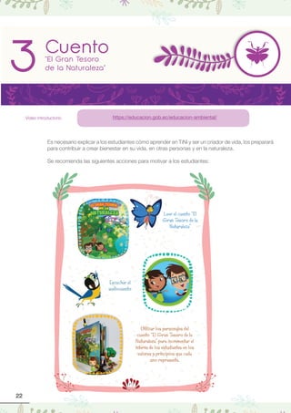 22
Es necesario explicar a los estudiantes cómo aprender en TiNi y ser un criador de vida, los preparará
para contribuir a crear bienestar en su vida, en otras personas y en la naturaleza.
Se recomienda las siguientes acciones para motivar a los estudiantes:
Cuento“El Gran Tesoro
de la Naturaleza”3
Leer el cuento “El
Gran Tesoro de la
Naturaleza”
Escuchar el
audiocuento
Utilizar los personajes del
cuento “El Gran Tesoro de la
Naturaleza” para incrementar el
interés de los estudiantes en los
valores y principios que cada
uno representa.
Video introductorio https://educacion.gob.ec/educacion-ambiental/
 