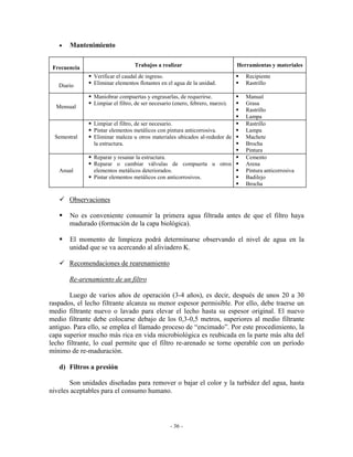 - 36 -
• Mantenimiento
Frecuencia Trabajos a realizar Herramientas y materiales
Diario
Verificar el caudal de ingreso.
Eliminar elementos flotantes en el agua de la unidad.
Recipiente
Rastrillo
Mensual
Maniobrar compuertas y engrasarlas, de requerirse.
Limpiar el filtro, de ser necesario (enero, febrero, marzo).
Manual
Grasa
Rastrillo
Lampa
Semestral
Limpiar el filtro, de ser necesario.
Pintar elementos metálicos con pintura anticorrosiva.
Eliminar maleza u otros materiales ubicados al-rededor de
la estructura.
Rastrillo
Lampa
Machete
Brocha
Pintura
Anual
Reparar y resanar la estructura.
Reparar o cambiar válvulas de compuerta u otros
elementos metálicos deteriorados.
Pintar elementos metálicos con anticorrosivos.
Cemento
Arena
Pintura anticorrosiva
Badilejo
Brocha
Observaciones
No es conveniente consumir la primera agua filtrada antes de que el filtro haya
madurado (formación de la capa biológica).
El momento de limpieza podrá determinarse observando el nivel de agua en la
unidad que se va acercando al aliviadero K.
Recomendaciones de rearenamiento
Re-arenamiento de un filtro
Luego de varios años de operación (3-4 años), es decir, después de unos 20 a 30
raspados, el lecho filtrante alcanza su menor espesor permisible. Por ello, debe traerse un
medio filtrante nuevo o lavado para elevar el lecho hasta su espesor original. El nuevo
medio filtrante debe colocarse debajo de los 0,3-0,5 metros, superiores al medio filtrante
antiguo. Para ello, se emplea el llamado proceso de “encimado”. Por este procedimiento, la
capa superior mucho más rica en vida microbiológica es reubicada en la parte más alta del
lecho filtrante, lo cual permite que el filtro re-arenado se torne operable con un período
mínimo de re-maduración.
d) Filtros a presión
Son unidades diseñadas para remover o bajar el color y la turbidez del agua, hasta
niveles aceptables para el consumo humano.
 