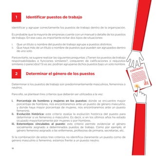 18
Identificar y agrupar correctamente los puestos de trabajo dentro de la organización.
Es probable que la mayoría de empresas cuente con un manual o detalle de los puestos
de trabajo. En ese caso, es importante evitar dos tipos de situaciones:
i. Que un título o nombre del puesto de trabajo agrupe a puestos distintos.
ii. Que haya más de un título o nombre de puestos que pueden ser agrupados dentro
de uno solo.
Para evitarlo, se sugiere realizar las siguientes preguntas: ¿Tienen los puestos de trabajo
responsabilidades o funciones similares?, ¿requieren de calificaciones o requisitos
similares o parecidos? Si es así, podrían agruparse dichos puestos bajo un solo nombre.
Determinar si los puestos de trabajo son predominantemente masculinos, femeninos o
neutros.
Para ello, se plantean tres criterios que deberán ser utilizados a la vez:
i. Porcentaje de hombres y mujeres en los puestos: donde se encuentre mayor
porcentaje de hombres, nos encontraremos ante un puesto de género masculino,
y donde haya mayor porcentaje de mujeres, nos encontraremos ante un puesto
femenino.
ii. Evolución histórica: este criterio evalúa la evolución histórica del puesto para
determinar si es femenino o masculino. Es decir, si en los últimos años ha estado
ocupado mayoritariamente por mujeres o por hombres.
iii. Estereotipos vinculados al puesto: este criterio permite evidenciar el género
socialmente asignado a determinados puestos de trabajo. Como por ejemplo, el
género femenino asignado a las enfermeras, profesoras de primaria, secretarias, etc.
Si la combinación de estos tres criterios no identifica claramente un puesto como de
género masculino o femenino, estamos frente a un puesto neutro.
CONTRATO
Identificar puestos de trabajo
1
2 Determinar el género de los puestos
 