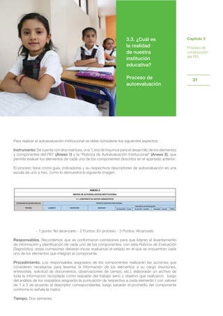 Capítulo 3
Proceso de
construcción
del PEI
31
Para realizar el autoevaluación institucional se debe considerar los siguientes aspectos:
Instrumento: Se cuenta con dos matrices, una “Lista de insumos para el desarrollo de los elementos
y componentes del PEI“ (Anexo 1) y la “Rúbrica de Autoevaluación Institucional” (Anexo 2), que
permite evaluar los elementos de cada uno de los componentes descritos en el apartado anterior.
El proceso tiene como guía, indicadores y su respectivos descriptores de autoevaluación en una
escala de uno a tres, como lo demuestra la siguiente imagen.
- 1 punto: No alcanzado - 2 Puntos: En proceso - 3 Puntos: Alcanzado
Responsables. Recordemos que se conformaron comisiones para que lideren el levantamiento
de información y planificación de cada uno de los componentes; con esta Rúbrica de Evaluación
Diagnóstica, estas comisiones deberán iniciar evaluando el estado en el que se encuentran cada
uno de los elementos que integran el componente.
Procedimiento. Los responsables asignados de los componentes realizarán las acciones que
consideren necesarias para levantar la información de los elementos a su cargo (reuniones,
entrevistas, solicitud de documentos, observaciones de campo, etc.); elaborarán un archivo de
toda la información recopilada como respaldo del trabajo serio y objetivo que realizaron; luego
del análisis de los respaldos asignarán la puntuación de respectiva a cada elemento ( con valores
de 1 a 3 de acuerdo al descriptor correspondiente), luego sacarán el promedio del componente
conforme lo señala la matriz.
Tiempo. Dos semanas.
3.3. ¿Cuál es
la realidad
de nuestra
institución
educativa?
Proceso de
autoevaluación
ESTÁNDARES DE GESTIÓN ESCOLAR
No alcanzado - 1 punto En proceso - 2 puntos Alcanzado - 3 puntos Pt/Pts.
C.1. COMPONENTE DE GESTIÓN ADMINISTRATIVA
ANEXO 2
MATRIZ DE AUTOEVALUACION INSTITUCIONAL
PROYECTO EDUCATIVO INSTITUCIONAL
PROCESO ELEMENTO DESCRIPCIÓN INDICADOR
Descriptores de Autoevaluación
 