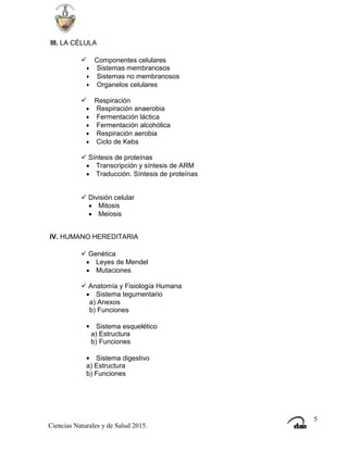 III. LA CÉLULA










Componentes celulares
Sistemas membranosos
Sistemas no membranosos
Organelos celulares
Respiración
Respiración anaerobia
Fermentación láctica
Fermentación alcohólica
Respiración aerobia
Ciclo de Kebs
 Síntesis de proteínas


Transcripción y síntesis de ARM
Traducción. Síntesis de proteínas
 División celular


Mitosis
Meiosis
IV. HUMANO HEREDITARIA
 Genética


Leyes de Mendel
Mutaciones
 Anatomía y Fisiología Humana
 Sistema tegumentario
a) Anexos
b) Funciones


Sistema esquelético
a) Estructura
b) Funciones
Sistema digestivo
a) Estructura
b) Funciones
5
Ciencias Naturales y de Salud 2015.
 