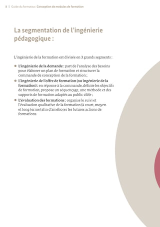 8 | Guide du formateur. Conception de modules de formation
La segmentation de l’ingénierie
pédagogique :
L’ingénierie de la formation est divisée en 3 grands segments :
z
z L’ingénierie de la demande : part de l’analyse des besoins
pour élaborer un plan de formation et structurer la
commande de conception de la formation ;
z
z L’ingénierie de l’offre de formation (ou ingénierie de la
formation) : en réponse à la commande, définie les objectifs
de formation, propose un séquençage, une méthode et des
supports de formation adaptés au public cible ;
z
z L’évaluation des formations : organise le suivi et
l’évaluation qualitative de la formation (à court, moyen
et long terme) afin d’améliorer les futures actions de
formations.
 