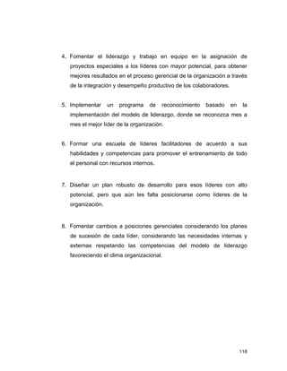 118
4. Fomentar el liderazgo y trabajo en equipo en la asignación de
proyectos especiales a los líderes con mayor potencial, para obtener
mejores resultados en el proceso gerencial de la organización a través
de la integración y desempeño productivo de los colaboradores.
5. Implementar un programa de reconocimiento basado en la
implementación del modelo de liderazgo, donde se reconozca mes a
mes el mejor líder de la organización.
6. Formar una escuela de líderes facilitadores de acuerdo a sus
habilidades y competencias para promover el entrenamiento de todo
el personal con recursos internos.
7. Diseñar un plan robusto de desarrollo para esos líderes con alto
potencial, pero que aún les falta posicionarse como líderes de la
organización.
8. Fomentar cambios a posiciones gerenciales considerando los planes
de sucesión de cada líder, considerando las necesidades internas y
externas respetando las competencias del modelo de liderazgo
favoreciendo el clima organizacional.
 