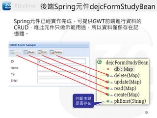 後端Spring元件dejcFormStudyBean
Spring元件已經實作完成，可提供GWT前端進行資料的
CRUD，唯此元件只做示範用途，所以資料僅保存在記
憶體。




             判斷主鍵
             是否存在

                               10
 