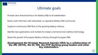 Ultimate goals
Provide clear directional focus for Battery R&I to all stakeholders
Build a well informed, well networked, co-operative Battery R&I community
Support a continuous R&I flow to the growing battery industry
Identify new applications and markets for today's and tomorrow's battery technology
Boost the growth of European Battery industry through European R&I
Development the Strategic Research Agenda (SRA) by a collaboration of
the JRC (SETIS), the EC, MS, the ETIP working group leaders and other
key stakeholders.
 