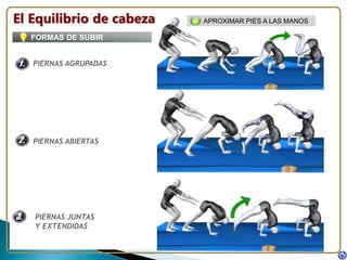 El Equilibrio de cabeza
PIERNAS AGRUPADAS
PIERNAS ABIERTAS
PIERNAS JUNTAS
Y EXTENDIDAS
FORMAS DE SUBIR
APROXIMAR PIES A LAS MANOS
 