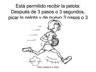 Está permitido recibir la pelota: Después de 3 pasos o 3 segundos, picar la pelota y de nuevo 3 pasos o 3 segundos. 