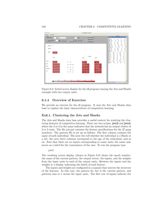 140 CHAPTER 6. COMPETITIVE LEARNING
Figure 6.3: Initial screen display for the cl program running the Jets and Sharks
example with two output units.
6.1.4 Overview of Exercises
We provide an exercise for the cl program. It uses the Jets and Sharks data
base to explore the basic characteristics of competitive learning.
Ex6.1. Clustering the Jets and Sharks
The Jets and Sharks data base provides a useful context for studying the clus-
tering features of competitive learning. There are two scripts, jets2 and jets3,
where the 2 or 3 in the name indicates that the network has an output cluster of
2 or 3 units. The ﬁle jets.pat contains the feature speciﬁcations for the 27 gang
members. The pattern ﬁle is set up as follows: The ﬁrst column contains the
name of each individual. The next two tell whether the individual is a Shark or
a Jet, the next three columns correspond to the age of the individual, and so
on. Note that there are no inputs corresponding to name units; the name only
serves as a label for the convenience of the user. To run the program type
jets2
The resulting screen display (shown in Figure 6.3) shows the epoch number,
the name of the current pattern, the output vector, the inputs, and the weights
from the input units to each of the output units. Between the inputs and the
weights is a display indicating the labels of each feature.
The inputs and weights are conﬁgured in a manner that mirrors the structure
of the features. In this case, the pattern for Art is the current pattern, and
patterns sum to 1 across the input units. The ﬁrst row of inputs indicate the
 