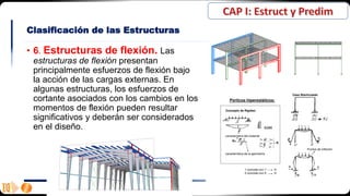 Clasificación de las Estructuras
• 6. Estructuras de flexión. Las
estructuras de flexión presentan
principalmente esfuerzos de flexión bajo
la acción de las cargas externas. En
algunas estructuras, los esfuerzos de
cortante asociados con los cambios en los
momentos de flexión pueden resultar
significativos y deberán ser considerados
en el diseño.
 
