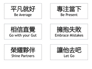 平凡就好
Be Average
專注當下
Be Present
相信直覺
Go with your Gut
擁抱失敗
Embrace Mistakes
榮耀夥伴
Shine Partners
讓他去吧
Let Go
 