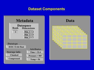 Dataset Components

Metadata
Dataspace

Rank

Dimensions

3

Dim_1 = 4
Dim_2 = 5
Dim_3 = 7

Datatype
IEEE 32-bit float

Attributes
Storage info

Time = 32.4

Chunked

Pressure = 987

Compressed

Temp = 56

Data

 