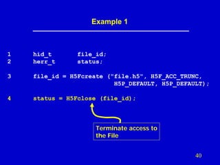 Example 1

1
2

hid_t
herr_t

file_id;
status;

3

file_id = H5Fcreate ("file.h5", H5F_ACC_TRUNC,
H5P_DEFAULT, H5P_DEFAULT);

4

status = H5Fclose (file_id);

Terminate access to
the File
40

 