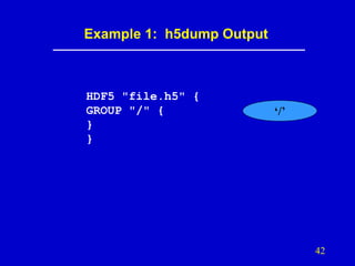 Example 1: h5dump Output

HDF5 "file.h5" {
GROUP "/" {
}
}

‘/’

42

 