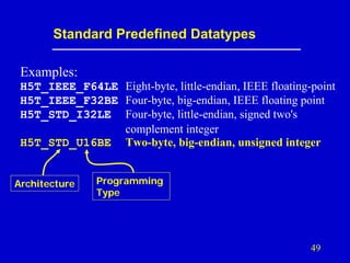 Standard Predefined Datatypes
Examples:
H5T_IEEE_F64LE Eight-byte, little-endian, IEEE floating-point
H5T_IEEE_F32BE Four-byte, big-endian, IEEE floating point
H5T_STD_I32LE Four-byte, little-endian, signed two's
complement integer
H5T_STD_U16BE Two-byte, big-endian, unsigned integer
Architecture

Programming
Type

49

 