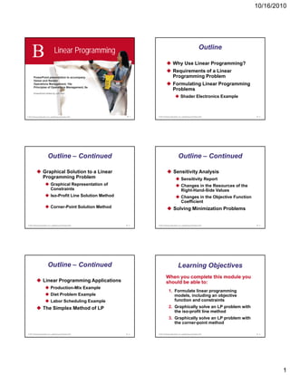 10/16/2010




      B                             Linear Programming
                                                                                          Why Use Linear Programming?
                                                                                                                             Outline


                                                                                          Requirements of a Linear
        PowerPoint presentation to accompany
                    p                   p y                                               Programming Problem
                                                                                             g      g
        Heizer and Render
        Operations Management, 10e                                                        Formulating Linear Programming
        Principles of Operations Management, 8e
                                                                                          Problems
        PowerPoint slides by Jeff Heyl
                                                                                                    Shader Electronics Example



© 2011 Pearson Education, Inc. publishing as Prentice Hall       B-1   © 2011 Pearson Education, Inc. publishing as Prentice Hall        B-2




                           Outline – Continued                                                   Outline – Continued

                     Graphical Solution to a Linear                                       Sensitivity Analysis
                     Programming Problem                                                             Sensitivity Report
                               Graphical Representation of                                           Changes in the Resources of the
                                                                                                          g
                               Constraints
                               C   t i t                                                             Right-Hand-Side Values
                               Iso-Profit Line Solution Method                                       Changes in the Objective Function
                                                                                                     Coefficient
                               Corner-Point Solution Method                               Solving Minimization Problems


 © 2011 Pearson Education, Inc. publishing as Prentice Hall      B-3   © 2011 Pearson Education, Inc. publishing as Prentice Hall        B-4




                           Outline – Continued                                                   Learning Objectives
                                                                                 When you complete this module you
                     Linear Programming Applications                             should be able to:
                               Production-Mix Example
                                                                                    1. Formulate linear programming
                                                p
                               Diet Problem Example                                    models,
                                                                                       models including an objective
                               Labor Scheduling Example                                function and constraints
                     The Simplex Method of LP                                       2. Graphically solve an LP problem with
                                                                                       the iso-profit line method
                                                                                    3. Graphically solve an LP problem with
                                                                                       the corner-point method

 © 2011 Pearson Education, Inc. publishing as Prentice Hall      B-5   © 2011 Pearson Education, Inc. publishing as Prentice Hall        B-6




                                                                                                                                                 1
 