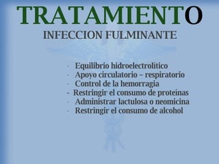 TRATAMIENT O  INFECCION FULMINANTE Equilibrio hidroelectrolítico Apoyo circulatorio – respiratorio Control de la hemorragia -  Restringir el consumo de proteínas Administrar lactulosa o neomicina Restringir el consumo de alcohol 