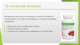Té concentrado de hierbas
Derivado de las hojas frescas no fermentadas y los brotes de la planta de
Camellia Sinensis, el té verde ha sido elogiado por sus potentes propiedades
antioxidantes.
 • Mezcla de té verde, té orange pekoe y hierbas.
 • Contiene vitaminas y cafeína.
 • Consúmalo frío o caliente como complemento a su nutrición diaria.
 