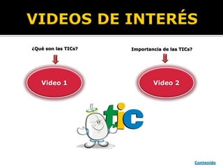 Video 1 Video 2
¿Qué son las TICs? Importancia de las TICs?
Contenido
 