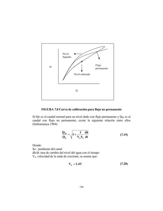 H
Flujo
permanente
Nivel
bajando
Nivel subiendo
Q
FIGURA 7.8 Curva de calibración para flujo no permanente
Si Qn es el caudal normal para un nivel dado con flujo permanente y QM es el
caudal con flujo no permanente, existe la siguiente relación entre ellos
(Subramanya 1984):
dt
dh
S
V
1
1
Q
Q
o
w
n
M
+
= (7.19)
Donde:
So : pendiente del canal
dh/dt: tasa de cambio del nivel del agua con el tiempo
Vw: velocidad de la onda de creciente; se asume que:
V
4
.
1
Vw = (7.20)
184
 