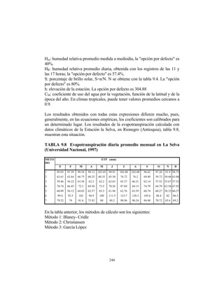 Hm: humedad relativa promedio medida a mediodía, la "opción por defecto" es
40%.
HR: humedad relativa promedio diaria, obtenida con los registros de las 11 y
las 17 horas; la "opción por defecto" es 57.4%.
S: porcentaje de brillo solar, S=n/N. N se obtiene con la tabla 9.4. La "opción
por defecto" es 80%.
h: elevación de la estación. La opción por defecto es 304.88
CM: coeficiente de uso del agua por la vegetación, función de la latitud y de la
época del año. En climas tropicales, puede tener valores promedios cercanos a
0.9.
Los resultados obtenidos con todas estas expresiones difieren mucho, pues,
generalmente, en las ecuaciones empíricas, los coeficientes son calibrados para
un determinado lugar. Los resultados de la evapotranspiración calculada con
datos climáticos de la Estación la Selva, en Rionegro (Antioquia), tabla 9.8,
muestran esta situación.
TABLA 9.8 Evapotranspiración diaria promedio mensual en La Selva
(Universidad Nacional, 1997)
METO
DO
ETP (mm)
E F M A M J J A S O N D
1 95.03 87.39 99.54 99.12 103.45 99.91 102.48 102.08 96.62 97.26 91.9 94.73
2 63.61 62.64 66.75 60.25 60.35 65.58 76.72 76.2 69.49 59.72 58.48 63.08
3 59.46 56.22 63.56 62.3 62.2 62.63 65.37 66.21 62.14 57.52 55.67 57.52
4 70.74 66.45 72.3 69.56 73.5 78.26 87.69 84.15 74.79 64.79 63.56 67.92
5 60.89 56.12 64.03 62.57 65.3 61.96 62.76 63.39 60.74 60.27 58.33 60.27
6 99.4 92.5 102 94.9 100 111.5 123.7 120.3 105.6 88.4 82 86.5
7 79.52 74 81.6 75.92 80 89.2 98.96 96.24 84.48 70.72 65.6 69.2
En la tabla anterior, los métodos de cálculo son los siguientes:
Método 1: Blaney- Cridle
Método 2: Christiansen
Método 3: García López
244
 