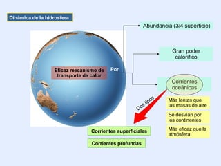Dinámica de la hidrosfera
Eficaz mecanismo de
transporte de calor
Abundancia (3/4 superficie)
Por
Gran poder
calorífico
Corrientes
oceánicas
Más lentas que
las masas de aire
Se desvían por
los continentes
Más eficaz que la
atmósfera
Dos tipos
Corrientes superficiales
Corrientes profundas
 