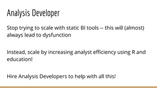Analysis Developer
Stop trying to scale with static BI tools -- this will (almost)
always lead to dysfunction
Instead, scale by increasing analyst efficiency using R and
education!
Hire Analysis Developers to help with all this!
 