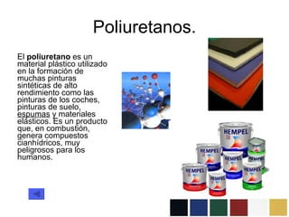 Poliuretanos. El  poliuretano  es un material plástico utilizado en la formación de muchas pinturas sintéticas de alto rendimiento como las pinturas de los coches, pinturas de suelo,  espumas  y materiales elásticos. Es un producto que, en combustión, genera compuestos cianhídricos, muy peligrosos para los humanos.  