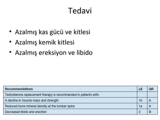 Tedavi
• Azalmış kas gücü ve kitlesi
• Azalmış kemik kitlesi
• Azalmış ereksiyon ve libido
 
