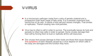V-VIRUS
 Is a microscopic pathogen made from a strip of genetic material and a
prospective outer layer made of fatty acids. It is a parasitic organisms that
cannot live on its own. It infects a host cell and causes changes. That divides
or replicates There4 creating new viral particles.
 Virus has to infect a cell in order to survive. The eventually leaves its host and
spreads to infect new cells in order to spread. Some viruses damage their
host cell by forcing them to bust or replicate all the cell resources.
 The viruses that causes damage to their hosts are those that cause diseases.
The symptoms of each disease caused by a virus depend on which cells in
the body are damaged and the function they have.
 