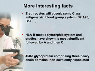 More interesting facts
• Erythrocytes will adsorb some Class I
antigens viz. blood group system (B7,A28,
B57….)
• HLA B most polymorphic system and
studies have shown is most significant
followed by A and then C
• 45Kd glycoprotein comprising three heavy
chain domains, non-covalently associated
 