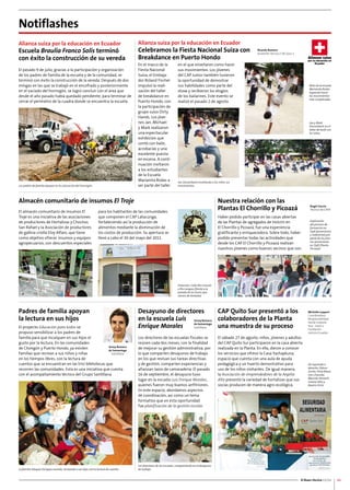 Alianza suiza por la educación en Ecuador 
Celebramos la Fiesta Nacional Suiza con 
Breakdance en Puerto Hondo 
En el marco de la 
Fiesta Nacional 
Suiza, el Embaja-dor 
Nuestra relación con las 
Plantas El Chorrillo y Picoazá 
Haber podido participar en las casas abiertas 
de las Plantas de agregados de Holcim en 
El Chorrillo y Picoazá, fue una experiencia 
gratificante y enriquecedora. Sobre todo, haber 
podido presentar todas las actividades que 
desde los CAP El Chorrillo y Picoazá realizan 
nuestros jóvenes como buenos vecinos que son. 
El Buen Vecino 11/11 11 
Alianza suiza por la educación en Ecuador 
Escuela Braulia Franco Solís terminó 
con éxito la construcción de su vereda 
El pasado 9 de julio, gracias a la participación y organización 
de los padres de familia de la escuela y de la comunidad, se 
terminó con éxito la construcción de la vereda. Después de dos 
mingas en las que se trabajó en el encofrado y posteriormente 
en el vaciado del hormigón, se logró concluir con el área que 
desde el año pasado había quedado pendiente, para terminar de 
cerrar el perímetro de la cuadra donde se encuentra la escuela. 
El almacén comunitario de insumos El 
Troje es una iniciativa de las asociaciones 
de productores de Hortalizas y Chochos 
San Rafael y la Asociación de productores 
de gallina criolla Eloy Alfaro, que tiene 
como objetivo ofrecer insumos y equipos 
agropecuarios, con descuentos especiales 
Ángel García 
Técnico de CIPEP 
Explicación 
del proceso de 
formación en 
SSyR (promotores 
y radialistas) por 
parte de los jóve-nes 
promotores 
en SSyR (Planta 
Picoazá). 
Almacén comunitario de insumos El Troje 
para los habitantes de las comunidades 
que componen el CAP Latacunga, 
fortaleciendo así la producción de 
alimentos mediante la disminución de 
los costos de producción. Su apertura se 
llevó a cabo el 30 del mayo del 2011. 
Dirección: Calle Río Cutuchi 
y Río Langoa (frente a la 
parada de los buses que 
vienen de Ambato). 
Los padres de familia apoyan en la colocación del hormigón 
Niño de la escuela 
Marianita Rodas 
logrando hacer 
los movimientos 
más complicados 
Jan y Mark 
Dossenbach en el 
taller de baile con 
los niños 
Jan Dossenbach enseñando a los niños sus 
movimientos 
Roland Fischer 
impulsó la reali-zación 
del taller 
de breakdance en 
Puerto Hondo, con 
la participación de 
grupo suizo Dirty 
Hands. Los jóve-nes 
Jan, Michael 
y Mark realizaron 
una espectacular 
exhibición que 
contó con baile, 
acrobacias y una 
excelente puesta 
en escena. A conti-nuación 
invitaron 
a los estudiantes 
de la Escuela 
Marianita Rodas a 
ser parte del taller 
en el que enseñaron como hacer 
sus movimientos. Los jóvenes 
del CAP Junior también tuvieron 
la oportunidad de demostrar 
sus habilidades como parte del 
show y recibieron los elogios 
de los bailarines. Este evento se 
realizó el pasado 2 de agosto. 
Notiflashes 
Desayuno de directores 
en la escuela Luis 
Enrique Morales 
Los directores de las escuelas fiscales se 
reúnen cada dos meses, con la finalidad 
de mejorar su gestión administrativa, por 
lo que comparten desayunos de trabajo 
en los que revisan sus tareas directivas 
y de gestión, comparten experiencias y 
afianzan lazos de camaradería. El pasado 
16 de septiembre, el desayuno tuvo 
lugar en la escuela Luis Enrique Morales, 
quienes fueron muy buenos anfitriones. 
En este espacio, abordamos aspectos 
de coordinación, así como un tema 
formativo que en esta oportunidad 
fue planificación de la gestión escolar. 
Padres de familia apoyan 
la lectura en sus hijos 
El proyecto Educación para todos se 
propuso sensibilizar a los padres de 
familia para que inculquen en sus hijos el 
gusto por la lectura. En las comunidades 
de Chongón y Puerto Hondo, ya existen 
familias que recrean a sus niños y niñas 
en los tiempos libres, con la lectura de 
cuentos que se encuentran en las trici-bibliotecas que 
recorren las comunidades. Esta es una iniciativa que cuenta 
con el acompañamiento técnico del Grupo Santillana. 
CAP Quito Sur presentó a los 
colaboradores de la Planta 
una muestra de su proceso 
El sábado 27 de agosto, niños, jóvenes y adultos 
del CAP Quito Sur participaron en la casa abierta 
realizada en la Planta. En ella, dieron a conocer 
los servicios que ofrece la Casa Yachaykuna, 
espacio que cuenta con una aula de ayuda 
pedagógica y un huerto demostrativo para 
uso de los niños visitantes. De igual manera, 
la Asociación de emprendedores de la Argelia 
Alta presentó la variedad de hortalizas que sus 
socias producen de manera agro-ecológica. 
La familia Vásquez Enríquez reunida, recreando a sus hijos con la lectura de cuentos 
Los directores de las escuelas, compartiendo en el desayuno 
de trabajo 
Jenny Romero 
de Samaniego 
Santillana 
Jenny Romero 
de Samaniego 
Santillana 
Michelle Leppert 
Coordinadora 
Responsabilidad 
Social Corpora-tiva 
- Zona 2 
Fundación 
Holcim Ecuador 
De izquierda a 
derecha: Édison 
Zurita, Silvia Mazo, 
Inés Chamba, 
Marcela Almachi, 
Lorena Véliz y 
Beatriz Ortíz. 
Ricardo Romero 
Asistente Técnico CSR Zona 1 
 