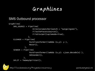 Graphlines
•   SMS Outbound processor
•   Graphline(
        SMS_SOURCE = Pipeline(
                         DirectoryWatcher(watch = "outgoingsms"),
                         FilesToProcessSource(),
                         FileSlurper(tuplemode=True),
                     ),
        CLEANER = Pipeline(
                      PureTransformer(lambda (x,y): y ),
                      Mover(),
                  ),
        SENDER = Pipeline(
                      PureTransformer(lambda (x,y): cjson.decode(x) ),
                      SMSSender(),
                 ),
        SPLIT = TwoWaySplitter(),


    http://www.kamaelia.org/PragmaticConcurrency               sparks.m@gmail.com
 