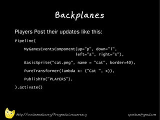 Backplanes
•   Players Post their updates like this:
•   Pipeline(
•       MyGamesEventsComponent(up="p", down="l",
                              left="a", right="s"),
•       BasicSprite("cat.png", name = "cat", border=40),
•       PureTransformer(lambda x: ("Cat ", x)),
•       PublishTo("PLAYERS"),
•   ).activate()
•



•


•

    http://www.kamaelia.org/PragmaticConcurrency      sparks.m@gmail.com
 