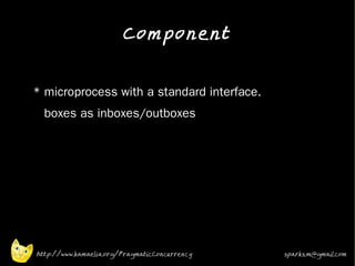 Component
•


•   * microprocess with a standard interface.
•     boxes as inboxes/outboxes

•




    http://www.kamaelia.org/PragmaticConcurrency   sparks.m@gmail.com
 