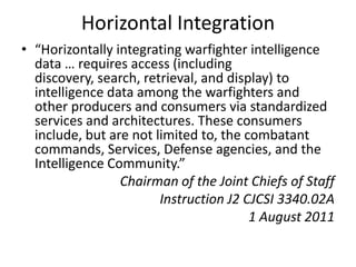 Horizontal Integration
• “Horizontally integrating warfighter intelligence
  data … requires access (including
  discovery, search, retrieval, and display) to
  intelligence data among the warfighters and
  other producers and consumers via standardized
  services and architectures. These consumers
  include, but are not limited to, the combatant
  commands, Services, Defense agencies, and the
  Intelligence Community.”
                 Chairman of the Joint Chiefs of Staff
                        Instruction J2 CJCSI 3340.02A
                                        1 August 2011
 