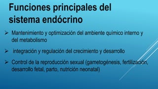 Funciones principales del
sistema endócrino
 Mantenimiento y optimización del ambiente químico interno y
del metabolismo
 integración y regulación del crecimiento y desarrollo
 Control de la reproducción sexual (gametogénesis, fertilización,
desarrollo fetal, parto, nutrición neonatal)
 