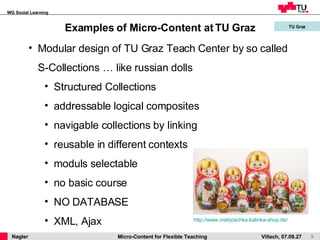 Examples of Micro-Content at TU Graz TU Graz Modular design of TU Graz Teach Center by so called S-Collections … like russian dolls Structured Collections addressable logical composites navigable collections by linking reusable in different contexts moduls selectable no basic course NO DATABASE XML, Ajax http://www.matrjoschka.kalinka-shop.de/   