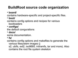 BuildRoot source code organization

board/
contains hardware-specific and project-specific files.

boot/
contains config options and recipes for various
bootloaders

configs/
the default congurations

docs/
some documentation.

fs/
contains config options and makefiles to generate the
various filesystem images (j
s2, ubifs, ext2, iso9660, initramfs, tar and more). Also
contains the root file system skeleton
 