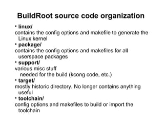 BuildRoot source code organization

linux/
contains the config options and makefile to generate the
Linux kernel

package/
contains the config options and makefiles for all
userspace packages

support/
various misc stuff
needed for the build (kcong code, etc.)

target/
mostly historic directory. No longer contains anything
useful

toolchain/
config options and makefiles to build or import the
toolchain
 
