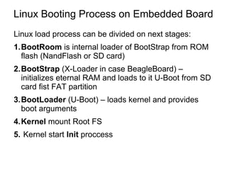 Linux Booting Process on Embedded Board
Linux load process can be divided on next stages:
1.BootRoom is internal loader of BootStrap from ROM
flash (NandFlash or SD card)
2.BootStrap (X-Loader in case BeagleBoard) –
initializes eternal RAM and loads to it U-Boot from SD
card fist FAT partition
3.BootLoader (U-Boot) – loads kernel and provides
boot arguments
4.Kernel mount Root FS
5. Kernel start Init proccess
 